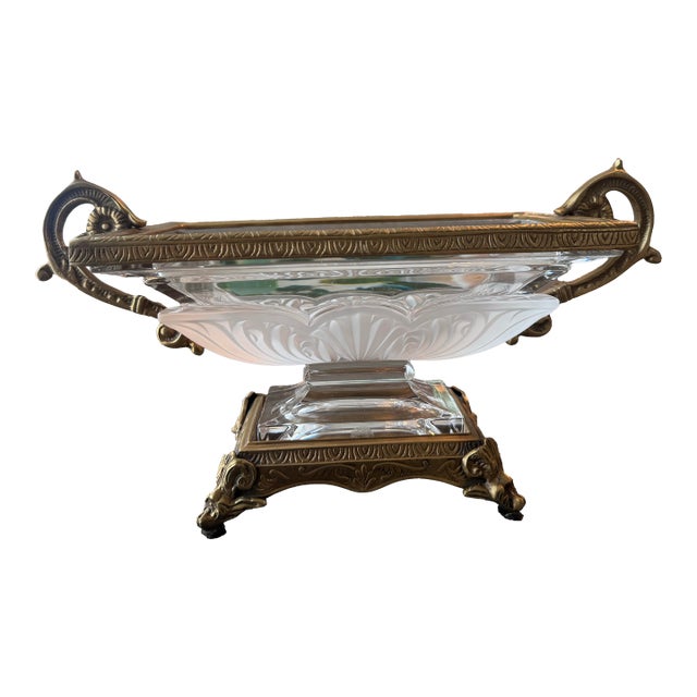 Vintage French-Style Frosted Crystal & Brass Footed Centerpiece Bowl – Disassembles for Transport For Sale