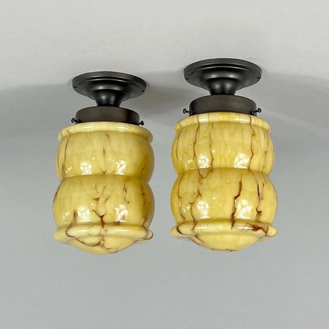 Art Deco Marbled Opaline & Burnished Brass Flush Mounts, Germany, 1930s, Set of 2 For Sale - Image 14 of 16