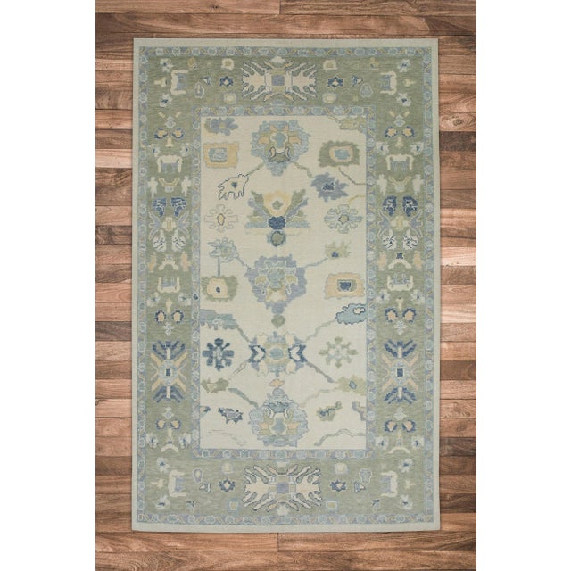Early 21st Century Green & Blue Floral Design Handwoven Wool Turkish Oushak Rug 5'10" X 8'10" For Sale In Houston - Image 6 of 7