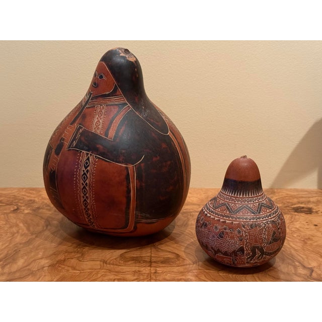 Large Vintage Peruvian Mate Burilado Hand-Carved Storytelling Gourd Rattles – Pair For Sale - Image 10 of 12