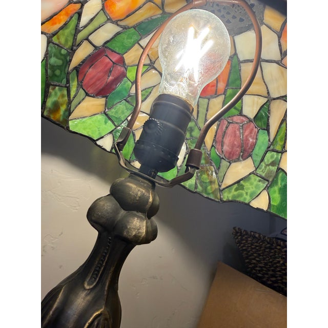 Bronze Vintage Tiffany Style Large Stained Glass Tulip Accent Lamp Antique Bronze Finisg Base 22"h For Sale - Image 8 of 12