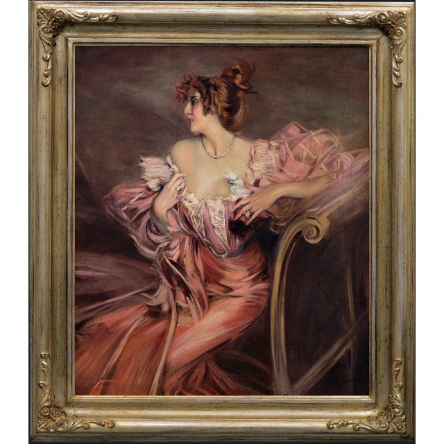 Pink Angelo Granati, Woman on the Sofa, Oil on Canvas, Framed For Sale - Image 8 of 8