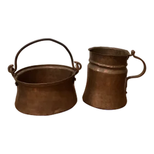 Early 19th Century Handcrafted Hand Hammered Copper Jug /Container With Handle and Cooking Pot - Set of 2
