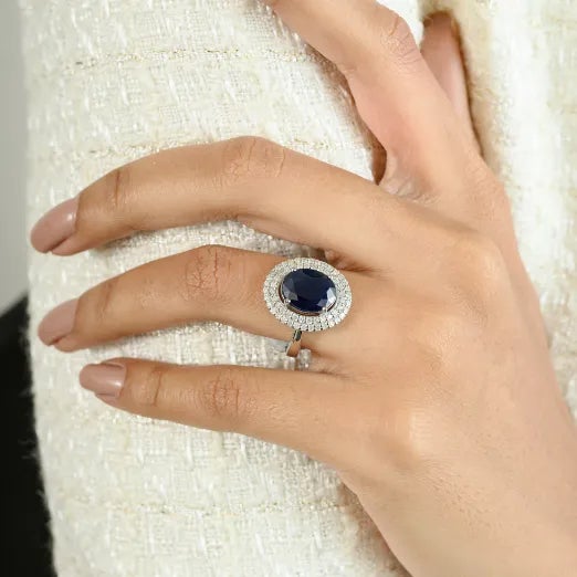 Blue 4.72 Ct Blue Sapphire Halo Diamond Art Deco Wedding Ring Size 5.5 For Sale - Image 8 of 12