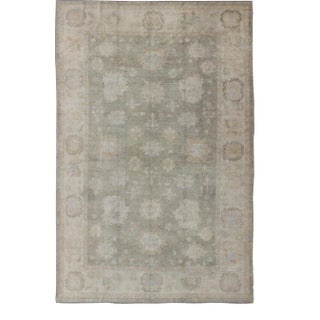 Large Turkish Oushak Rug With Large-Scale All-Over Blossom Design in Taupe, Pale Moss Green and Cream For Sale