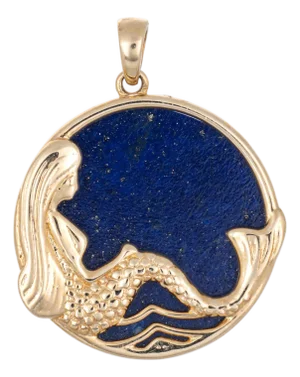 Mermaid Charm Lapis Lazuli Pendant Estate 14k Yellow Gold Mythical Jewelry