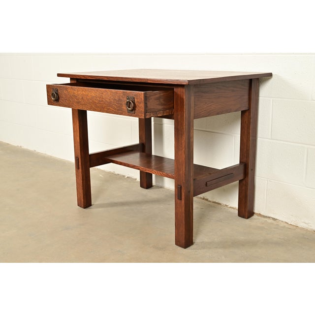 Lifetime Furniture Antique Mission Oak Arts & Crafts Desk or Library Table, Circa 1910 For Sale In South Bend - Image 6 of 17