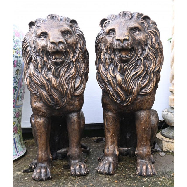 Bronze Lion Gatekeeper Statues Guard Casting Lions, Set of 2 For Sale - Image 11 of 11