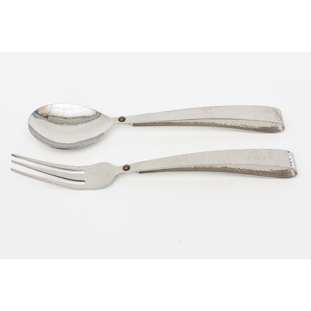 Modern 1990s Hand Hammered Silver Plated Looped Serving Pieces or Salad Servers With Brass Dot For Sale - Image 3 of 11
