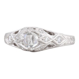 Floral Diamond Engagement Ring 14k White Gold Size 6.5 Rose Cut Solitaire For Sale