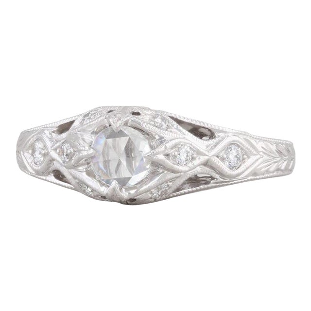 Floral Diamond Engagement Ring 14k White Gold Size 6.5 Rose Cut Solitaire For Sale