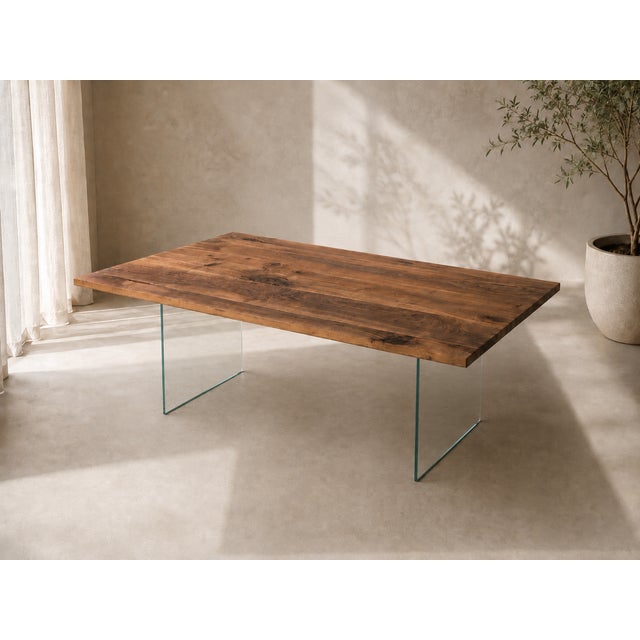 Suspended Walnut and Clear Glass Table by Andrea Toffanin for Hood Italia, in New conditions. Designed from 2000 Signed by...