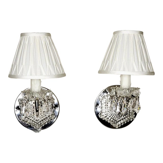 1950s Crystal Sconces With Pleated Shades - a Pair For Sale