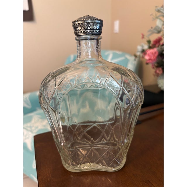 English Vintage Canadian Glass Liquor Decanter Bottle With Ornate Metal Cap For Sale - Image 3 of 6