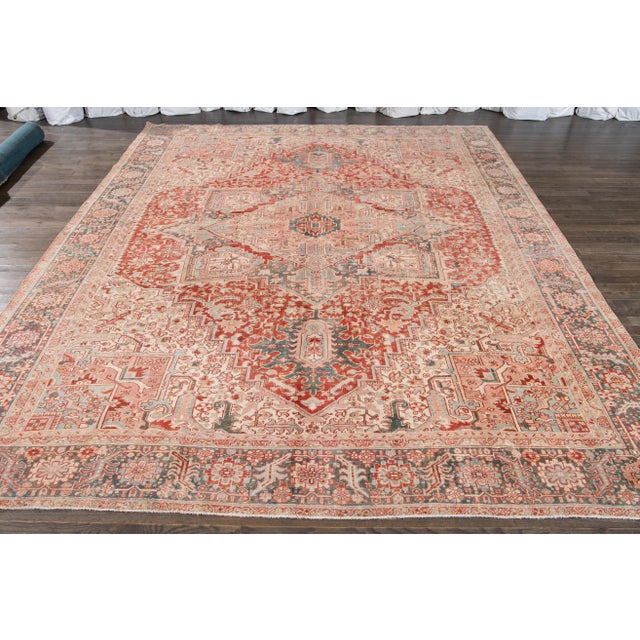 Antique Persian Heriz Wool Rug Handmade in Red Featuring a Medallion Motif For Sale In New York - Image 6 of 10