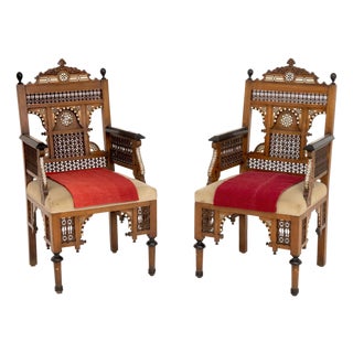 Pair of Moroccan Inlaid Walnut Armchairs For Sale