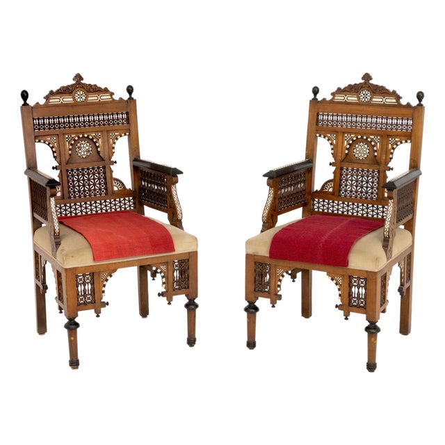 Pair of Moroccan Inlaid Walnut Armchairs For Sale