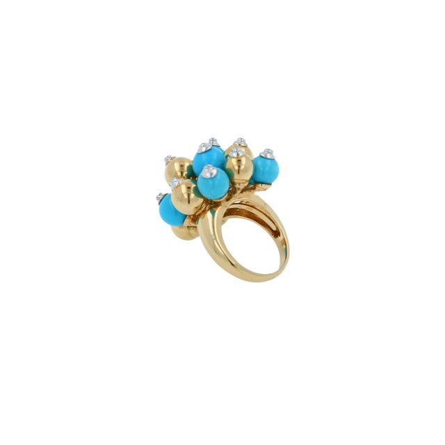Modern Blue Turquoise Diamonds Golden Spheres Balls Christmas Bells Motif 18k Gold Ring, Size 7 For Sale - Image 3 of 18