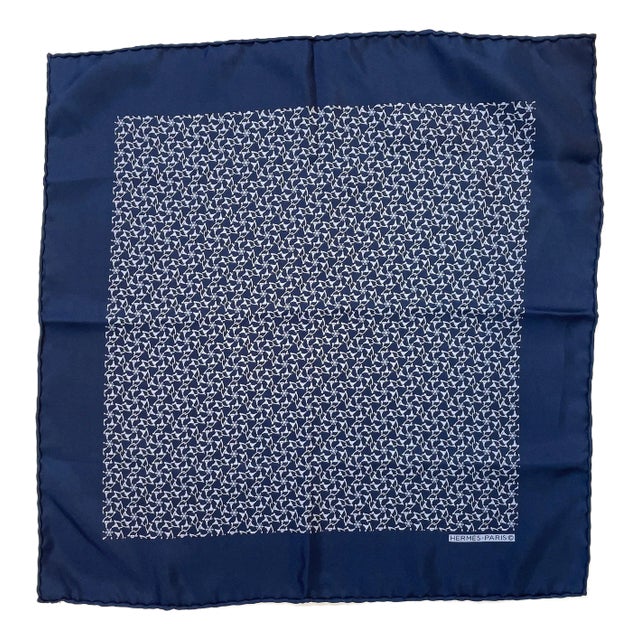 HERMES PARIS Navy Blue Equestrian Horse Bit Pattern Silk Scarf Pocket Square For Sale