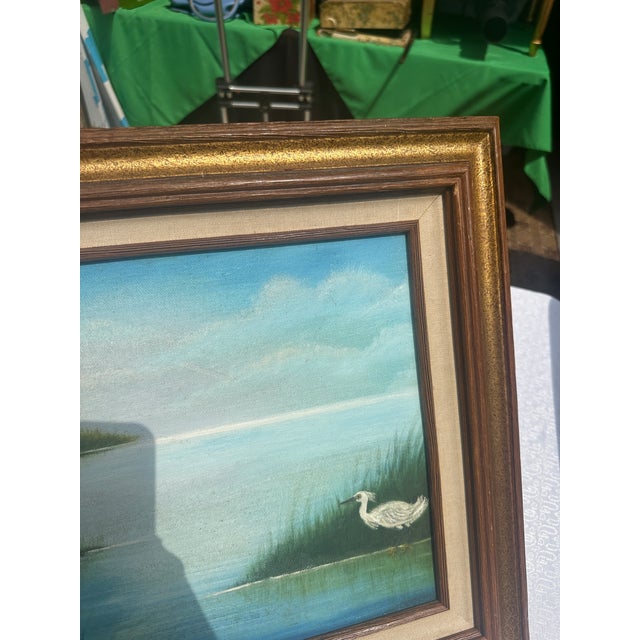 1990s Lighthouse and Egrets Seascape Painting on Canvas, Signed by the Artist, Framed For Sale In Atlanta - Image 6 of 9