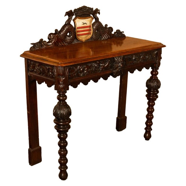 Antique Carved Oak Hall Table Skipworth Family Painted Royal Coat of Arms 1860 For Sale In Portland, OR - Image 6 of 18