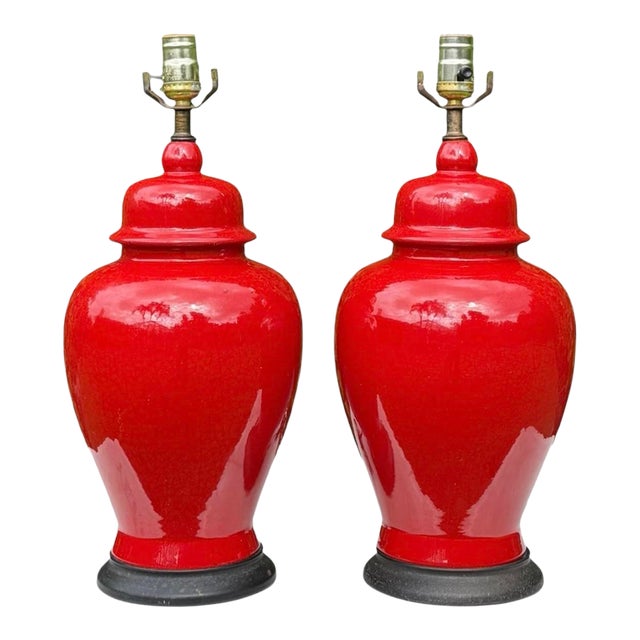 Vintage Crackle Glazed Red Ceramic Table Lamps, Pair For Sale