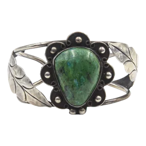 Late 20th Century Navajo Native American Green Turquoise Sterling Silver Floral Cuff Bracelet