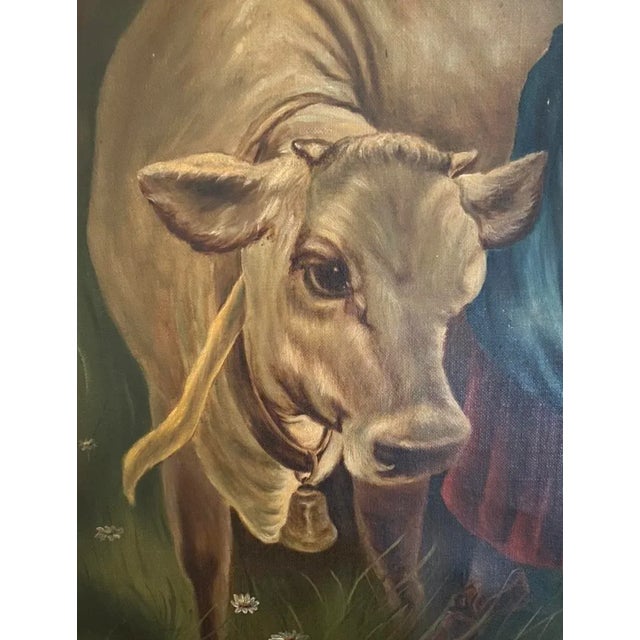 Dark Green 19th Century Oil on Canvas, Painting of a Cow and a Maiden Holding a Container For Sale - Image 8 of 13