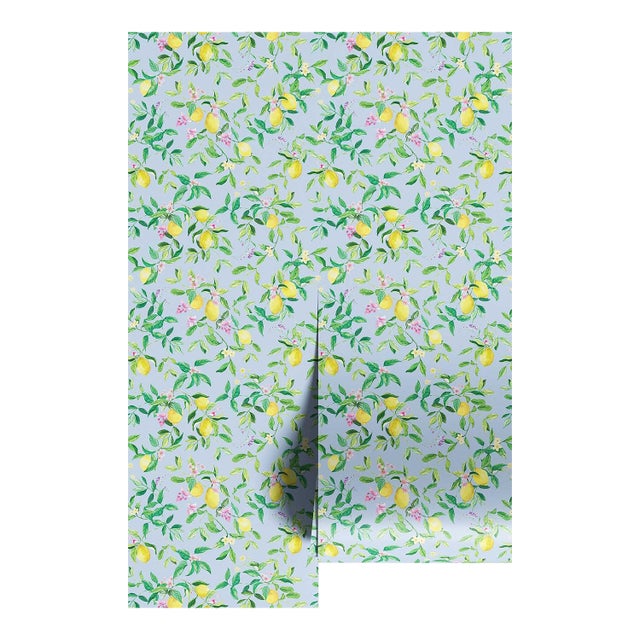 Limoncello Floral & Lemon Grasscloth Wallpaper by House Party | Mediterranean Blue | 6 Yards For Sale