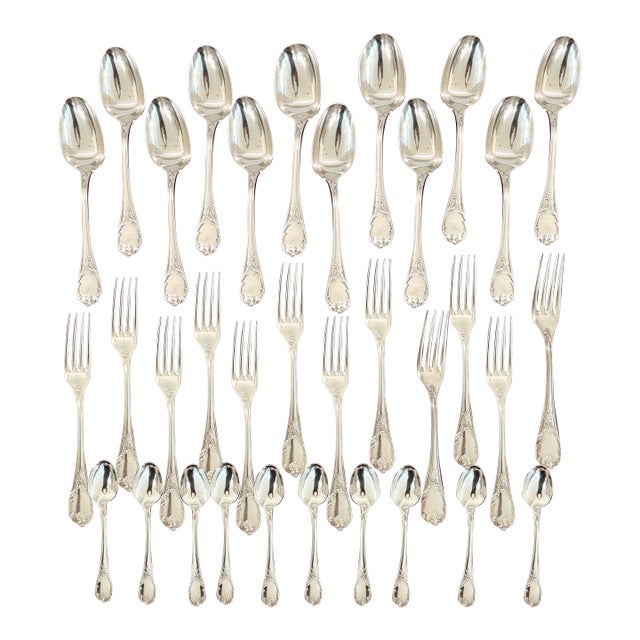 1920s Christofle “Marly” French Silver-Plated Flatware Set – 34 Pieces, Louis XIV Pattern For Sale
