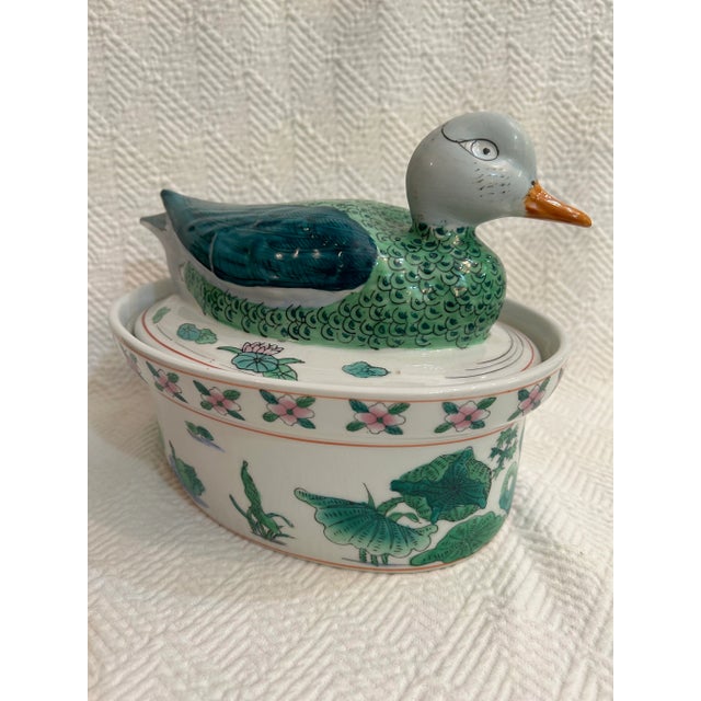 Chinoiserie Vintage Hand Painted Chinoiserie Duck Tureen or Covered Dish For Sale - Image 3 of 12