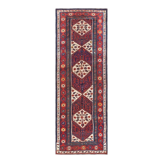 1870s Red Geometric Tribal Antique Nw Persian Rug 3'6" X 9'8" Handknotted Wool Carpet For Sale