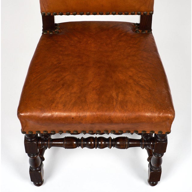 Six Louis XIII Style Leather Dining Chairs For Sale - Image 4 of 9