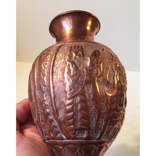 Copper Mid-Century Copper Vase with Embossed Scene, 1940s For Sale - Image 8 of 9