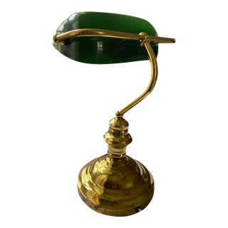 Vintage Green Glass Banker’s Desk Lamp, Brass Finish, Adjustable Arm, Classic Library Table Lamp, Mid-Century Traditional Style For Sale