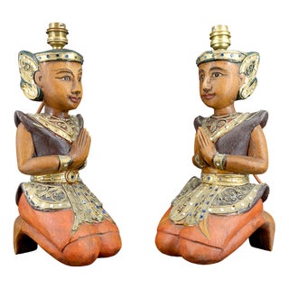 Sculptural Polychrome Wood Lamps, Indonesia, 1970s, Set of 2 For Sale
