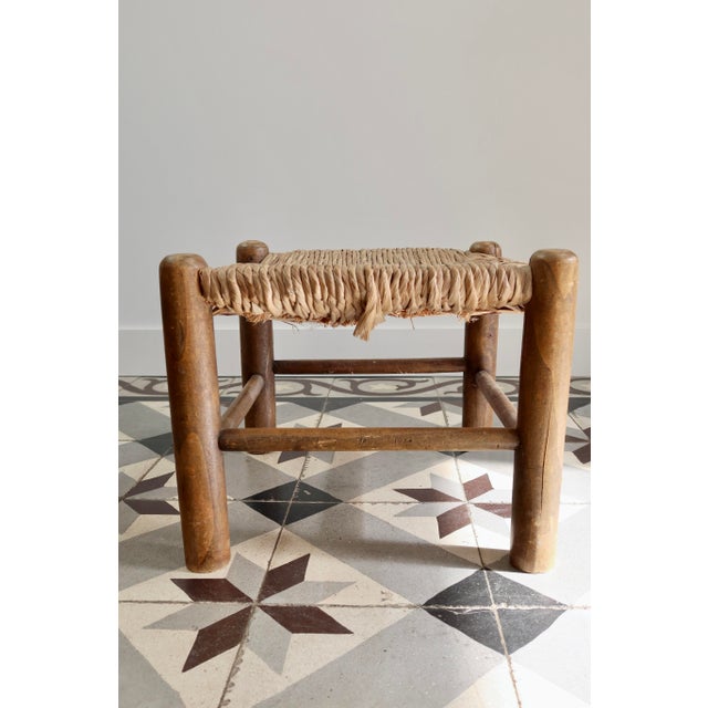 Rustic Vintage Low Stool in Wood and Straw, 1970s For Sale - Image 3 of 7