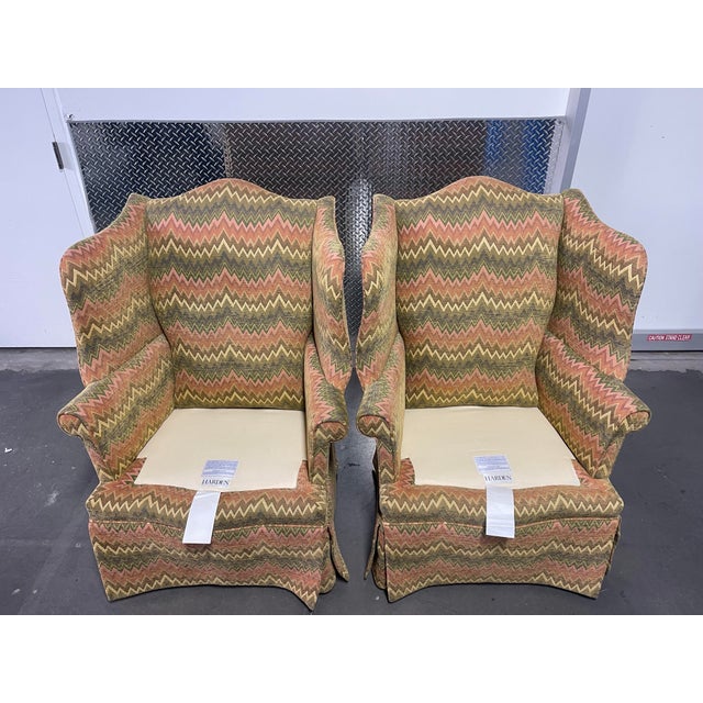Olive Groovy Flame Stitch Wing Chairs by Harden, a Pair, Wingback Chairs, Vintage For Sale - Image 8 of 12