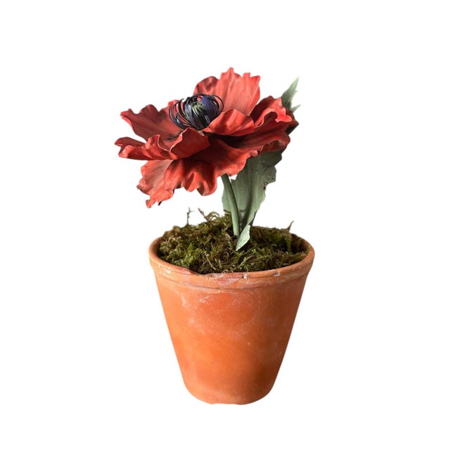 English Vintage Potted Tole Red Poppy Flower / Floral Arrangement by Artist Helen Hornberger in an Antique Terracotta Pot For Sale - Image 3 of 8