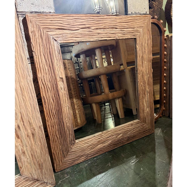 Wood Deep Grain Rustic Wood Wall Mirror For Sale - Image 7 of 8