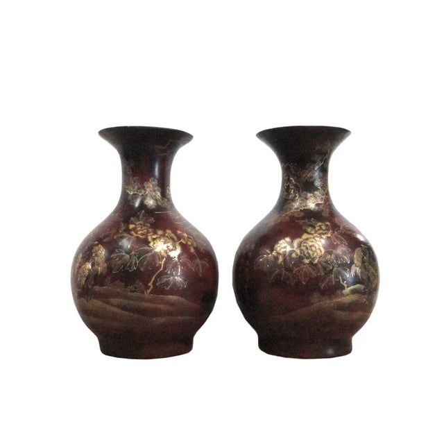 2010s Chinese Brown Gold Scenery Decorative Vases - Pair For Sale - Image 5 of 7