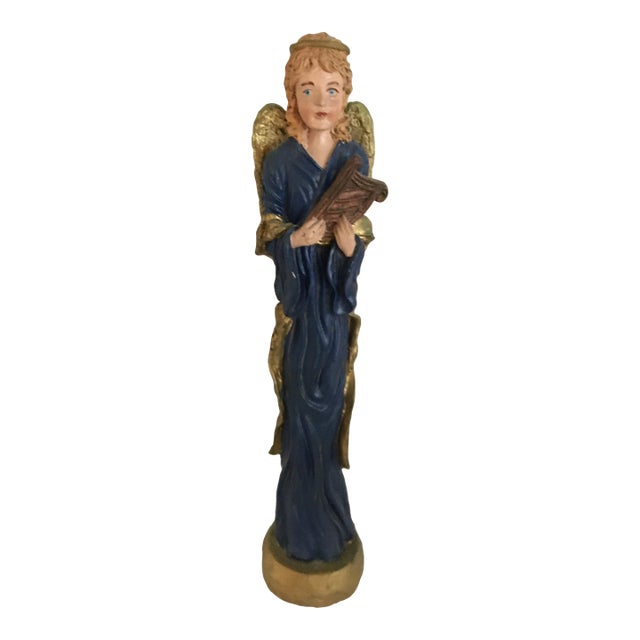 Vintage 1950s Hand Painted Chalkware Angel With Harp For Sale