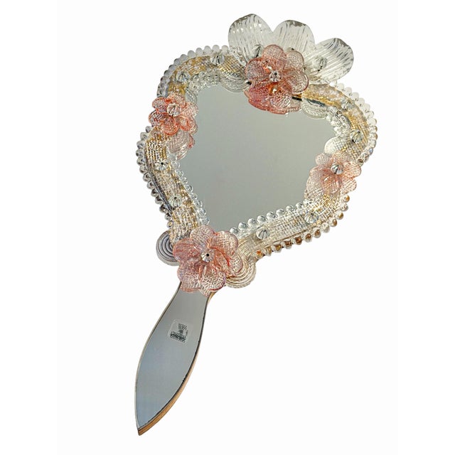 Hollywood Regency 1980s Vetri Murano Art Glass Floral Hand Mirror-Form Wall Mirror For Sale - Image 3 of 12