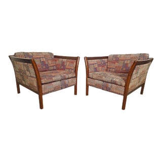 Pair of Vintage Sculpted Armchairs With Funky Fabric For Sale