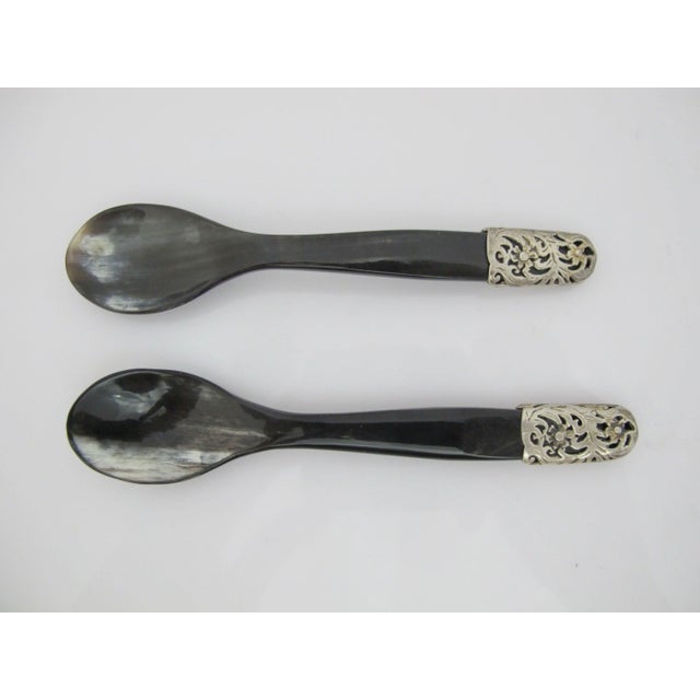 Vintage Natural Horn Sterling Silver Floral Mounted Caviar Serving Spoon Set of 5 For Sale - Image 9 of 13