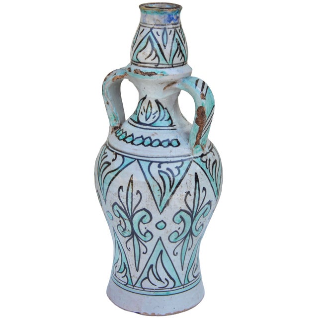 Moroccan Early 20th Century Handmade Turquoise-Patterned Andalusian Ceramic Art Vase For Sale - Image 3 of 9