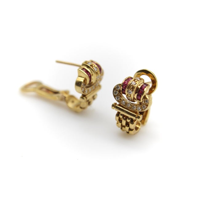 Vintage 18k Gold Diamond and Ruby Buckle Huggie Earrings, A Pair For Sale - Image 4 of 10