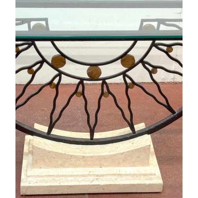 Southwest Style Mid-Century Sunburst Console Table Travertine Base and Glass Top For Sale - Image 14 of 18