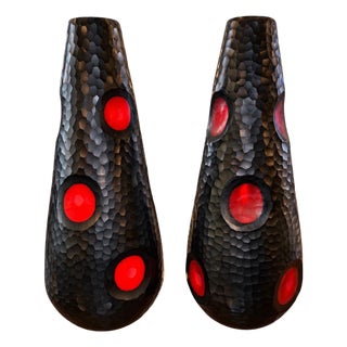 Pair Murano Battuto Glass Vases in Black & Vermillion. Italy, Late 20th Century. For Sale