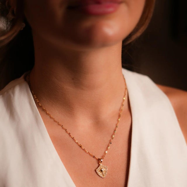 Illuminate your path with the Celestial Compass Diamond & Gold Necklace. This elegant piece features a gold steel chain...